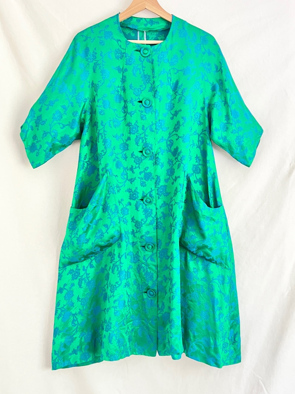 Vintage Emerald Green 100% Silk Jacquard Duster Coat Opera Jacket Dress